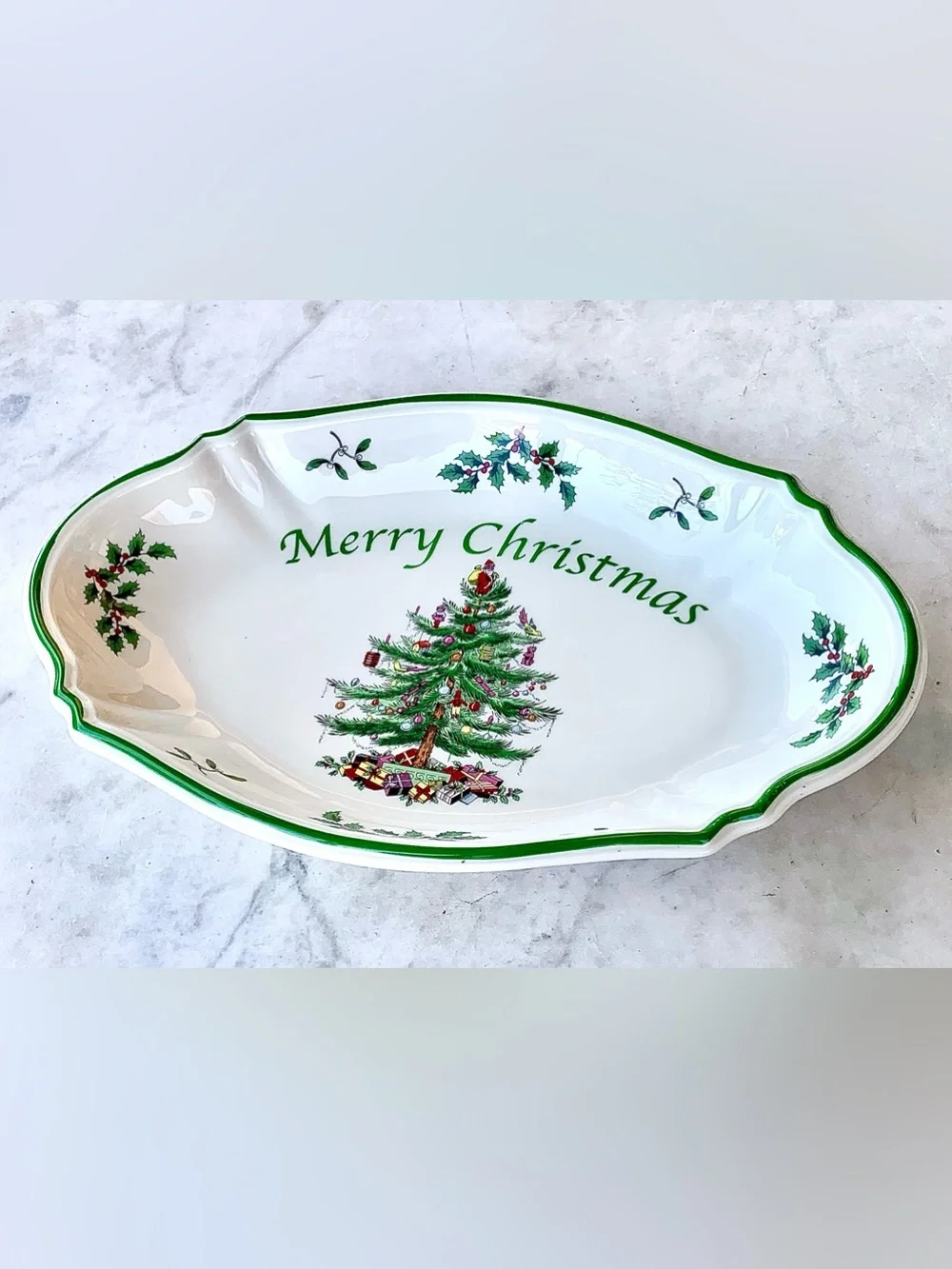 SPODE CHRISTMAS TREE OVAL MERRY CHRISTMAS TRAY PLATTER NEW GREEN GIFTS TOYS